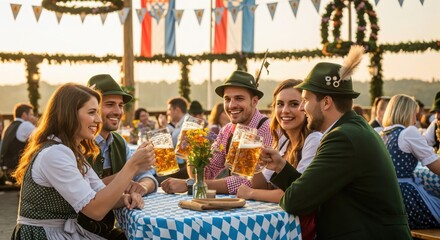 Cheerful young men and women in traditional Bavarian attire celebrating and toasting with beer mugs at an outdoor festival.