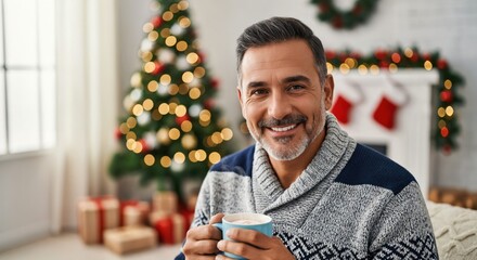 Portrait of a handsome mature man with a grey beard smiling while enjoying a hot drink at home during Christmas holidays. Cozy festive winter scene.