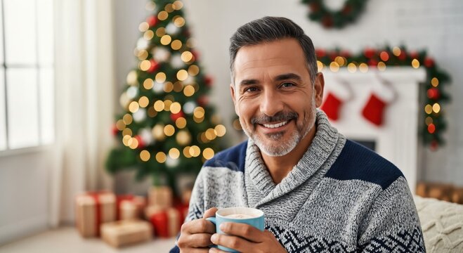 Portrait of a handsome mature man with a grey beard smiling while enjoying a hot drink at home during Christmas holidays. Cozy festive winter scene.
