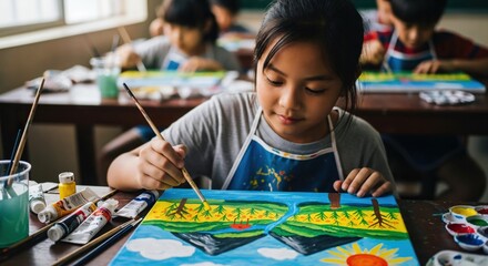 Creative young Asian girl concentrating on her colorful landscape painting during an art class at school.