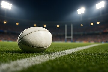 A white rugby ball rests on the green grass of a stadium field under bright stadium lights at night.