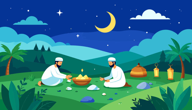 Two men sitting on a hill at night eating.