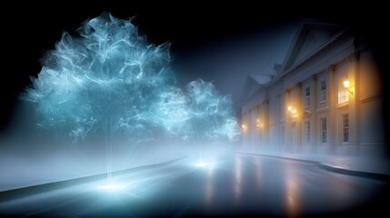 Obraz premium Ethereal blue energy clouds hover over a misty street beside a classical building at night