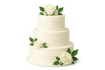 Delicious white three-tiered wedding cake decorated with roses on transparent background
