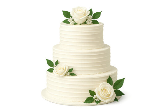 Delicious white three-tiered wedding cake decorated with roses on transparent background - Powered by Adobe