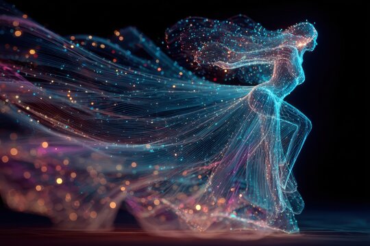 A woman in a long dress is gracefully dancing with a futuristic and mystical vibe, surrounded by glowing water. She embodies the essence of Aquarius with her ethereal presence.
