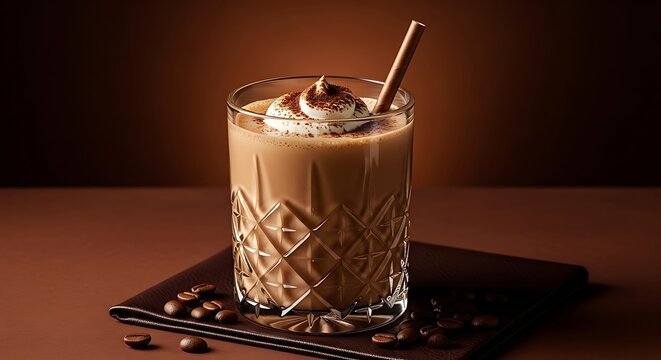 Dramatic Still Life of a Spiced Iced Latte in an Ornate Cut-Glass Tumbler.