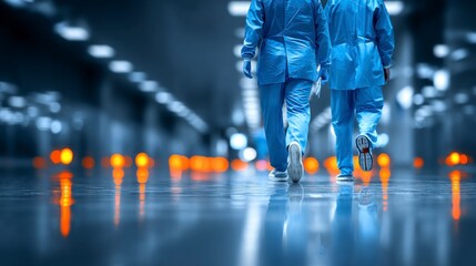 Fototapeta premium Two medical professionals walk away in blue scrubs through a modern brightly lit corridor