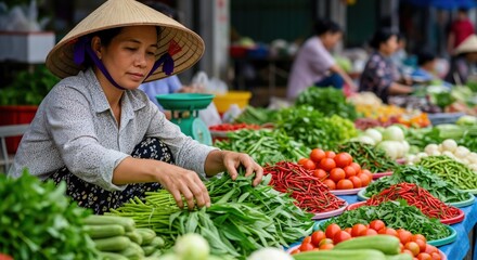 Vietnamese woman in a traditional conical hat selling fresh vegetables at a local street market. Asian female vendor arranging produce at an outdoor food stall.