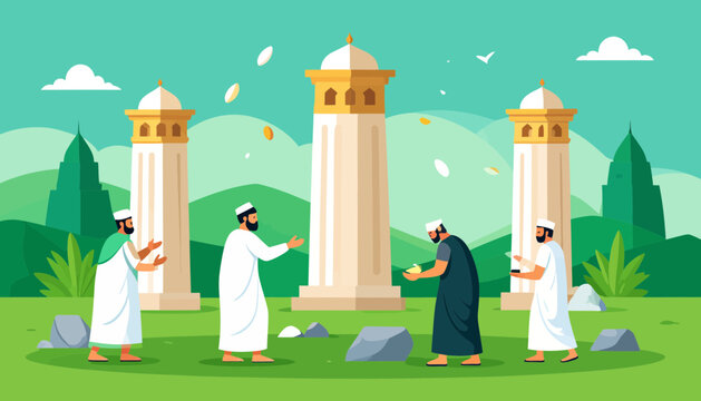 People in traditional clothing standing near ancient pillars in a serene landscape.