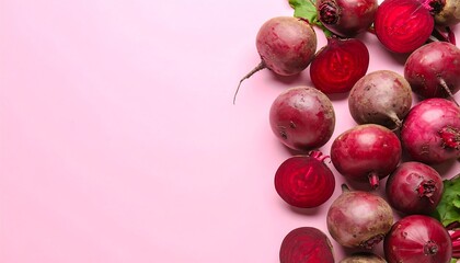 Fresh beets arranged on a pink background