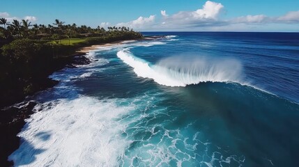 Fototapeta premium Aerial view of a large wave breaking near a tropical coastline with palm trees and clear blue skies
