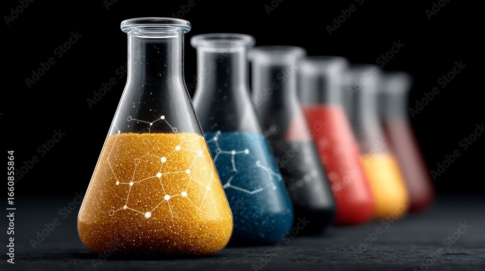Aufkleber several laboratory flasks filled with colorful substances and molecular structures