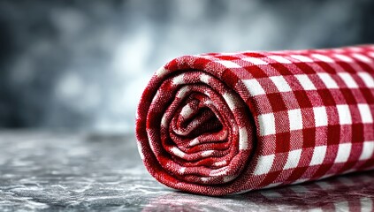 Rolled red and white checkered tablecloth on a stone surface