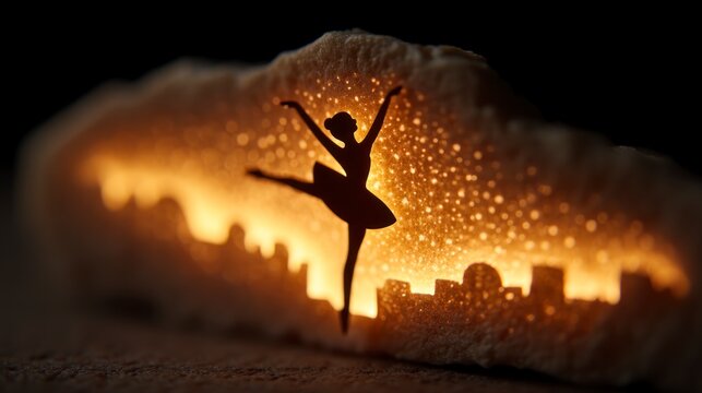 Silhouette of a ballerina dancing against a backlit cityscape with bokeh lights - Powered by Adobe