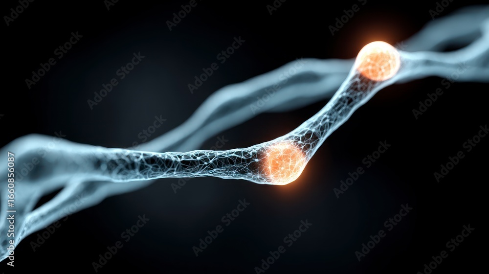 Poster close up of a biological neuron structure with glowing orange nodes against a dark background