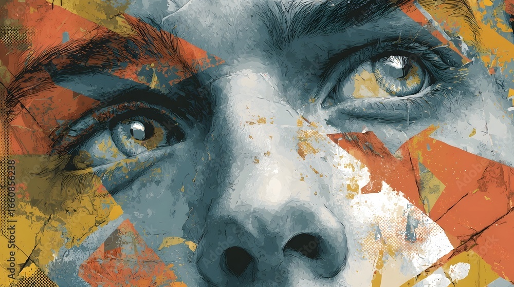 Aufkleber A captivating abstract portrait featuring a close up view of a face with striking colorful brushstrokes and a textured surreal composition