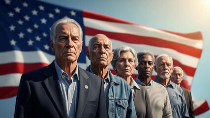 Diverse group of determined senior citizens standing proudly before waving American flag - Powered by Adobe