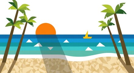 Obraz premium Tropical escape illustrated, featuring serene beach, palm trees, sunset, and sailboat in a
