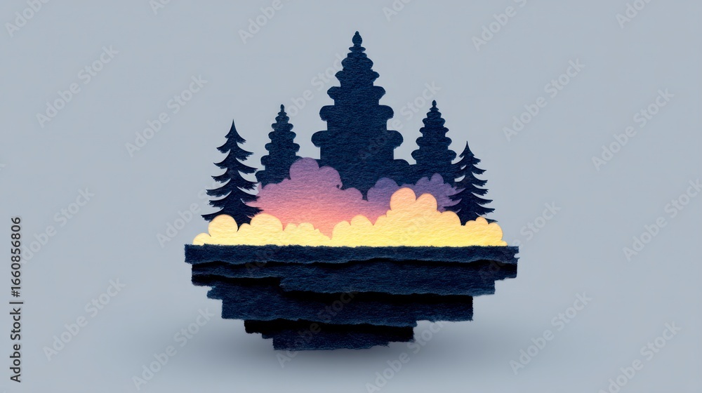 Wall mural dark pine trees silhouetted against a gradient sky with layered clouds and ground