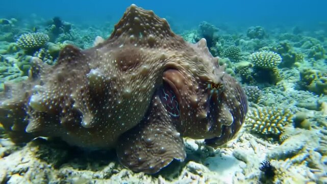 Underwater cephalopod amongst coral reef
