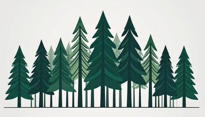 Obraz premium Illustration of a dense forest with tall green pine trees arranged closely together on a light background with simple minimalistic style
