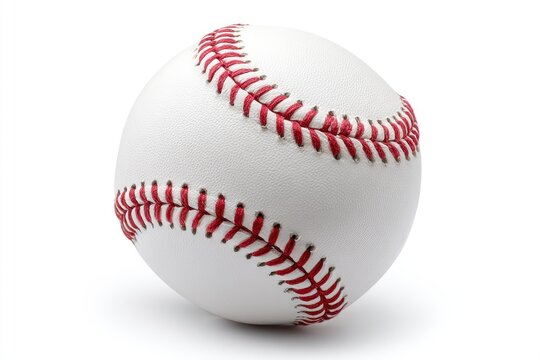 Close-up of a white baseball with red stitching against a white background