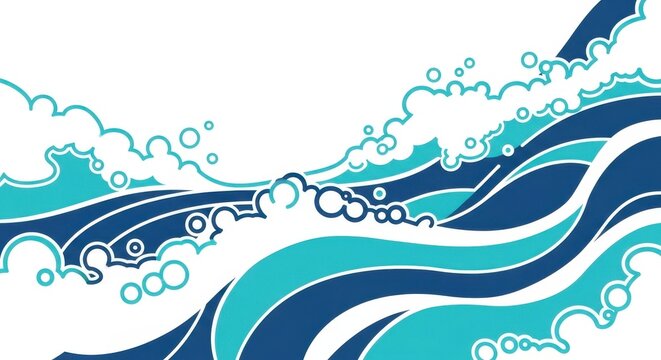 Stylized oceanic waves and white foam crests graphic in gradient colors flowing across white