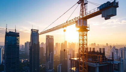 Naklejka premium Scene of large crane lifting skyscraper steel structure, modern city background