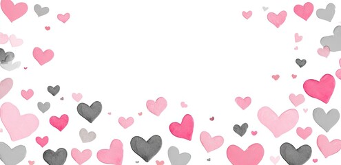 Watercolor hearts in pink and gray confetti on white background