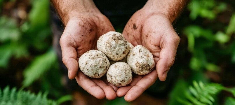 The delicate touch of hands presenting large white truffles surrounded by greenery.