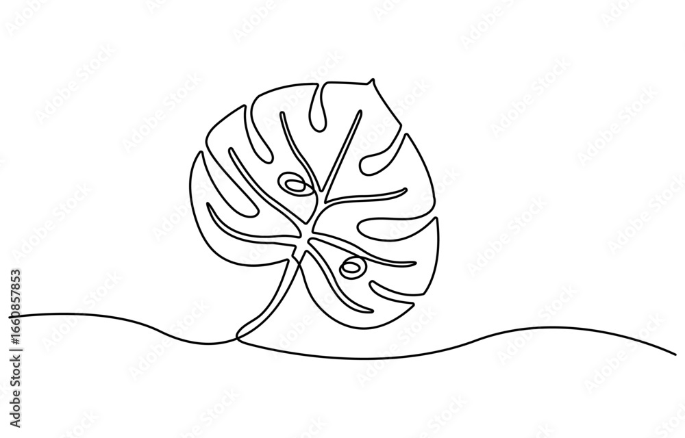 Poster minimalist monstera leaf continuous one line drawing in outline style, perfect for modern design and