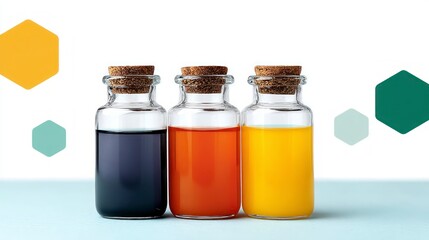 Three cork stoppered glass bottles containing colorful liquids with abstract geometric shapes in background