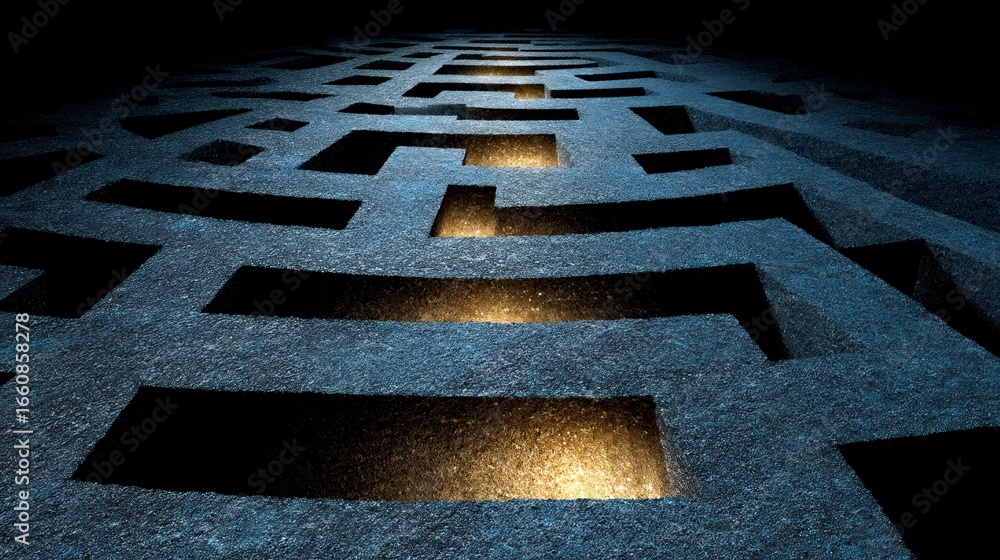 Poster Dark textured maze with illuminated openings deep perspective Labyrinth