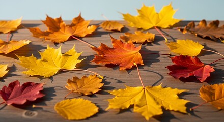 Fototapeta premium Autumn Maple Leaves on Wooden Surface