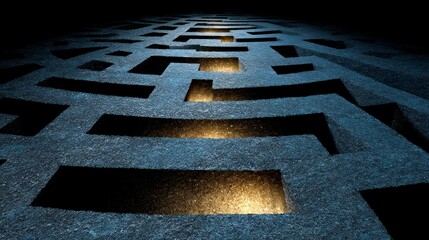 Dark textured maze with illuminated openings deep perspective Labyrinth