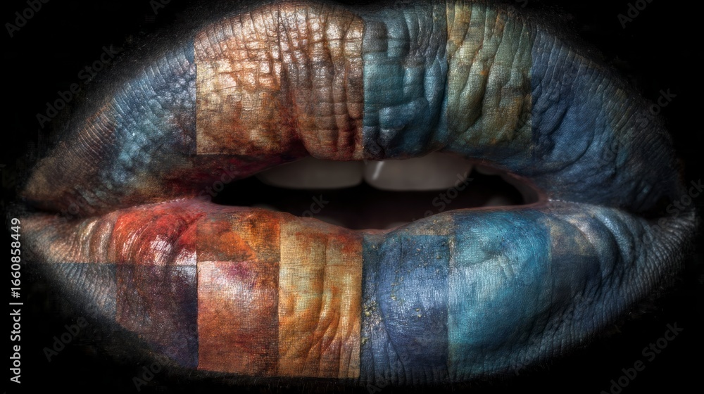 Poster close up of lips painted with multicolored textures and patterns against a dark background