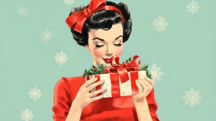 Retro-style illustration of a woman holding a gift, with a vintage video vibe. Front-facing angle, snowflakes in the background add a festive touch. Live desktop wallpaper.
