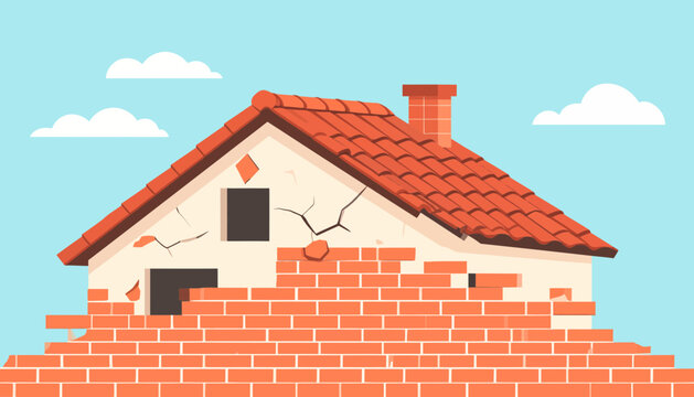 Illustration of a house with crumbling brick wall and damaged exterior.