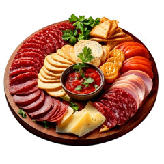 Assorted Deli Meat and Cheese Platter with Crackers on Rustic Wooden Board