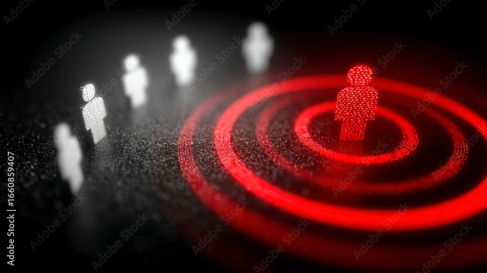Poster abstract glowing red target with a single person icon inside and blurred figures in the background