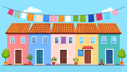Fototapeta premium Colorful houses with laundry hanging outside.