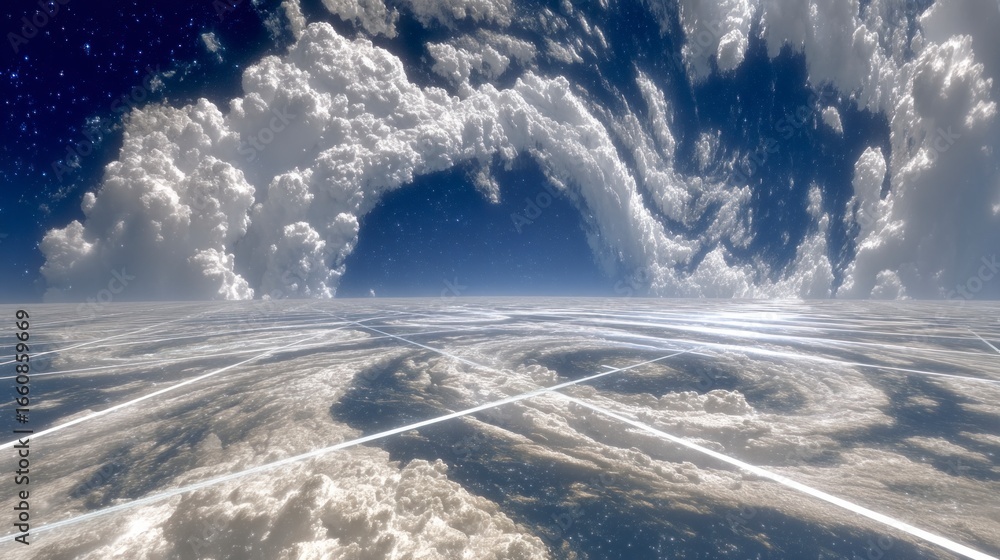 Poster vast ethereal sky with swirling clouds and a grid like horizon over a textured surface