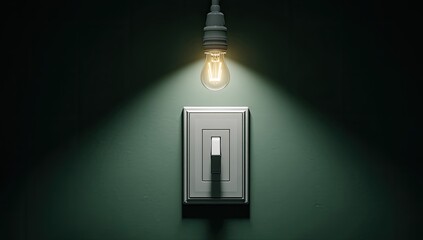 A single light bulb illuminates a wall switch in a dark room