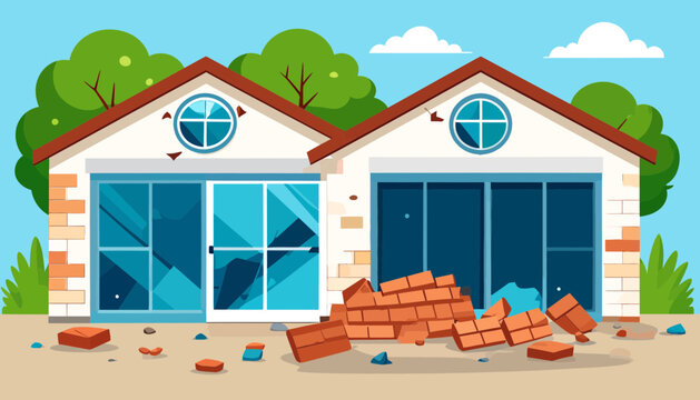 Damaged house with broken bricks and windows.