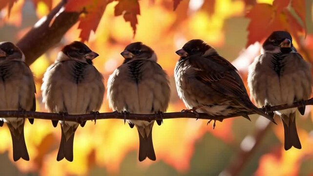 Five Sparrows Perched on a Branch in Autumn 1.