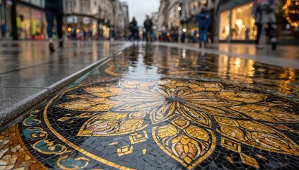 Close-up of ornate mosaic pavement on city street