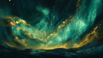 Vibrant cosmic waves of teal and gold shimmering against a dark sky, evoking a sense of wonder - Powered by Adobe