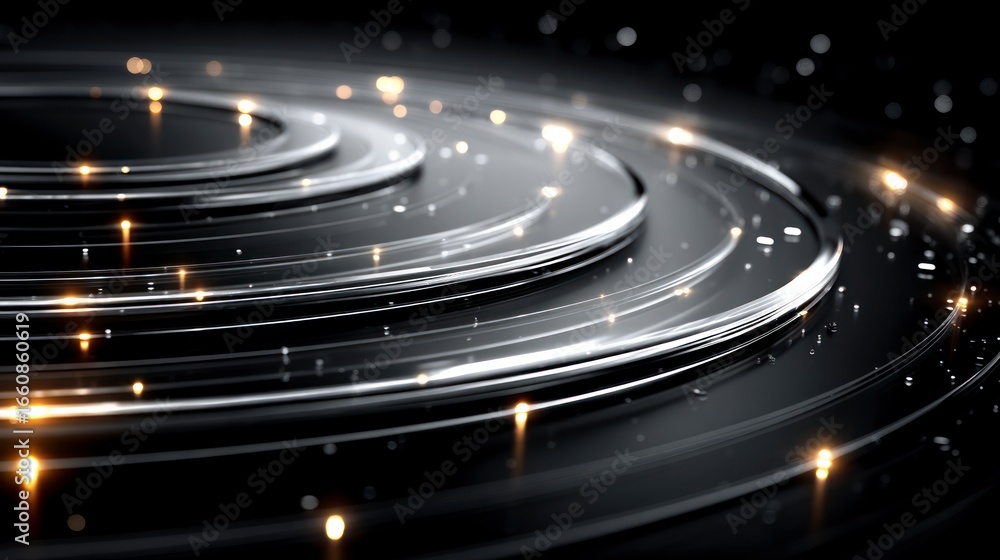 Poster abstract circular light trails and glowing particles on a dark background