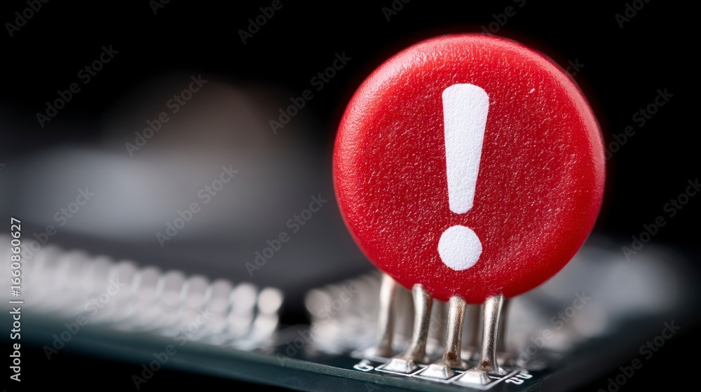 Poster red warning sign with an exclamation mark on electronic circuit board components